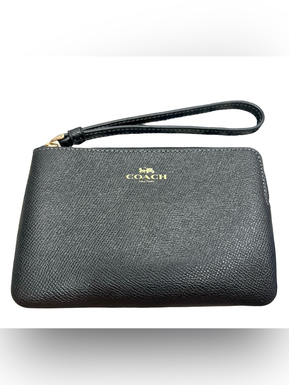 Coach Corner Zip Wristlet CV396 Black Crossgrain Leather Gold Hardware